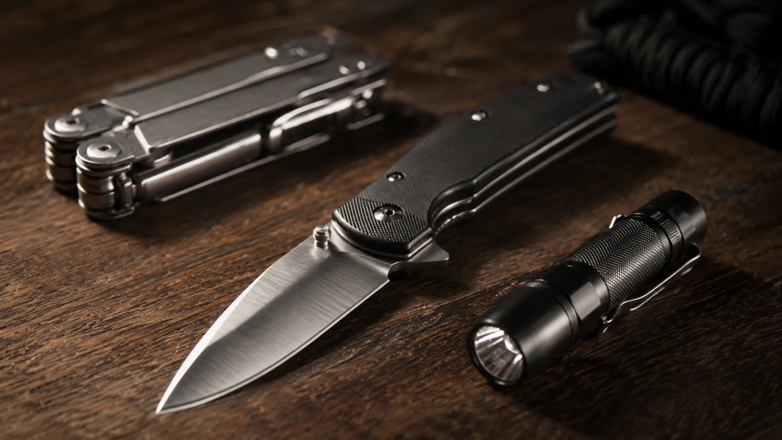 EDC výbava pro chlapy rozložená na dřevěném stole - zavírací nůž, svítilna, multitool a klíče - fman.cz