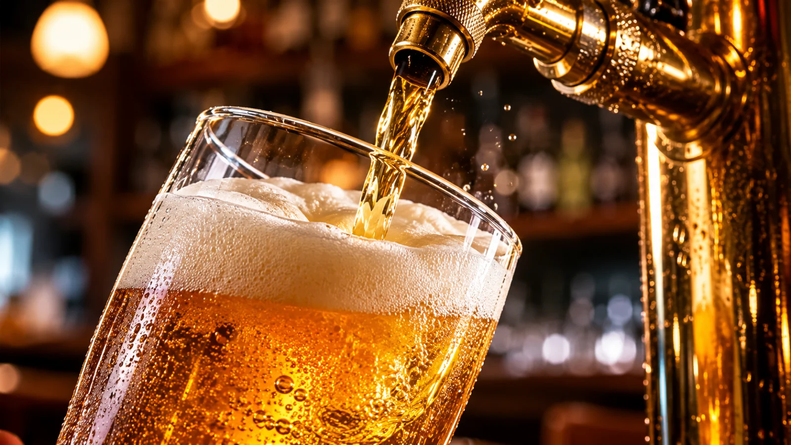 Čepování zlatého piva s hustou bílou pěnou do orosené sklenice v hospodě - pivo pro chlapy 2026 - fman.cz