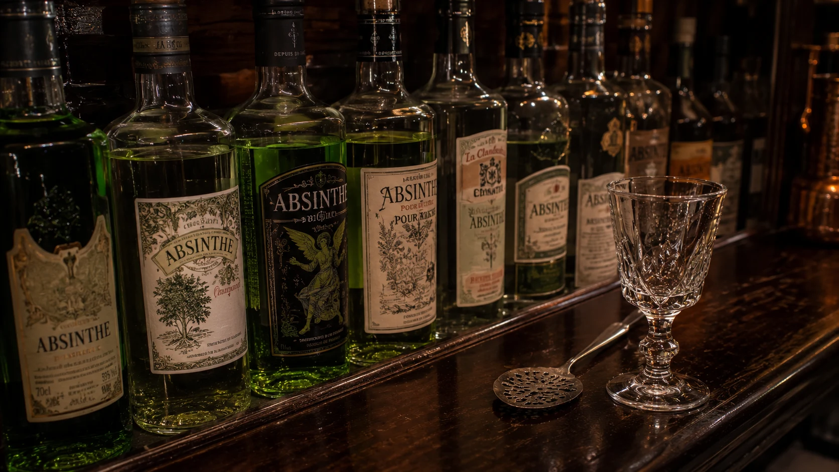 Lahve absinthu na barovém regálu Lahve absinthu na barovém regálu se sklenkou a lžičkou - výběr absinthu 2026 - fman.cz