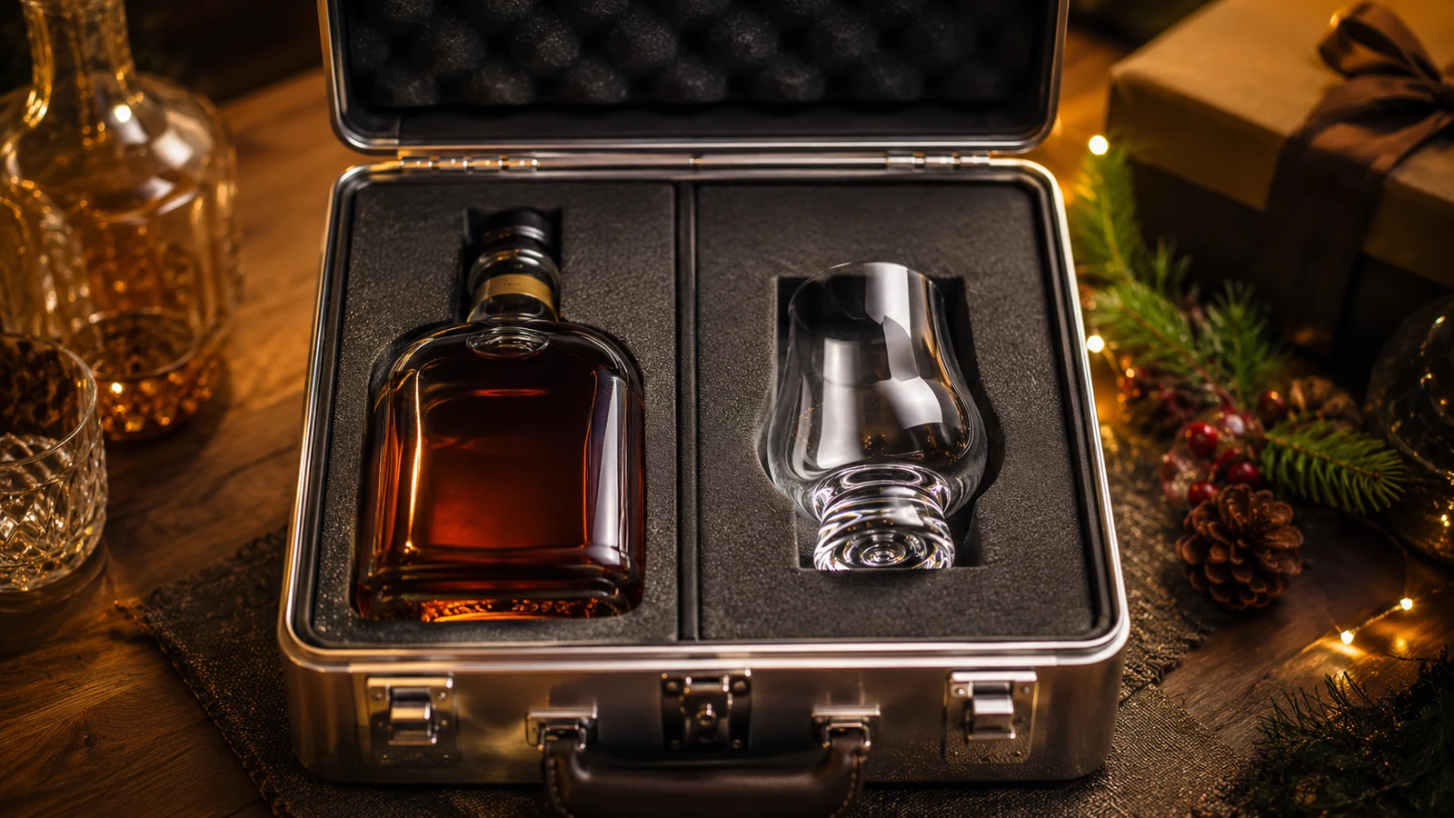Dárkové balení lahve se skleničkou Dárková kazeta s lahví whisky a sklenicí - detail balení - fman.cz