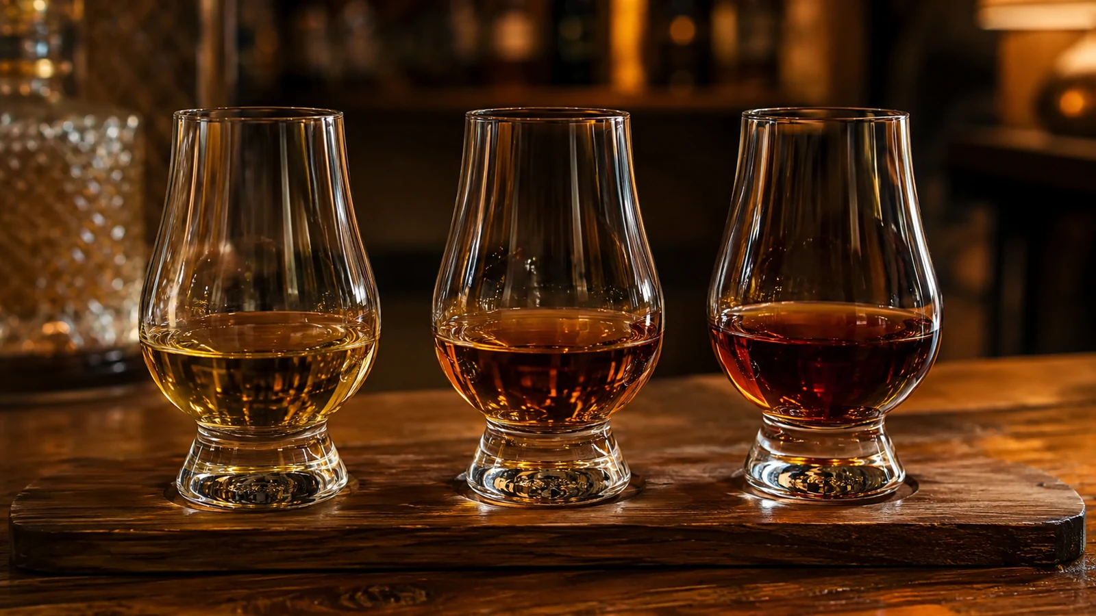 Ochutnávkový set tří vzorků k porovnání Ochutnávkový set tří sklenic whisky vedle sebe - tasting flight - fman.cz