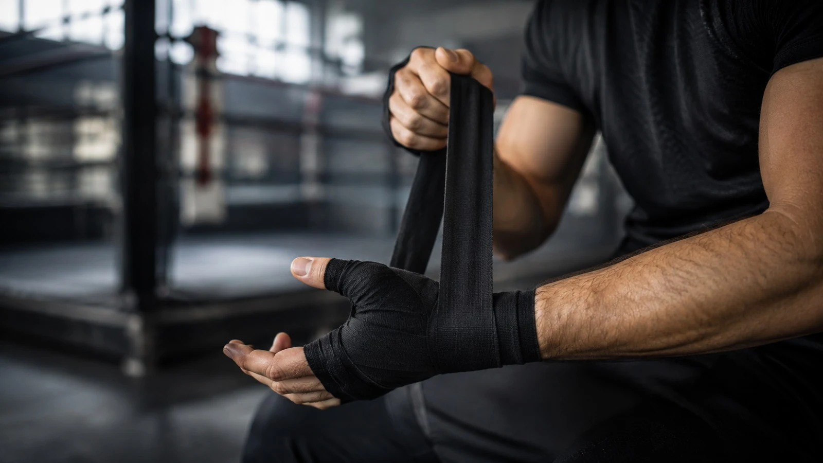Muž si omotává boxerské bandáže kolem zápěstí před tréninkem v boxerně - box pro chlapy 2026 - fman.cz