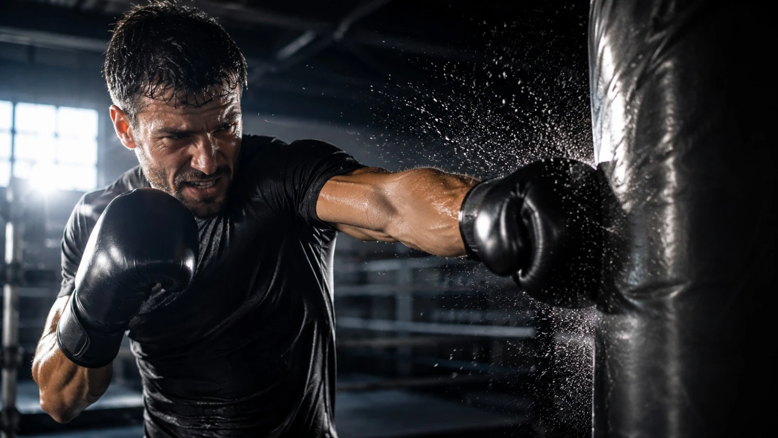 Muž v boxerských rukavicích trénuje údery do těžkého pytle v boxerně - box a MMA výbava 2026 - fman.cz