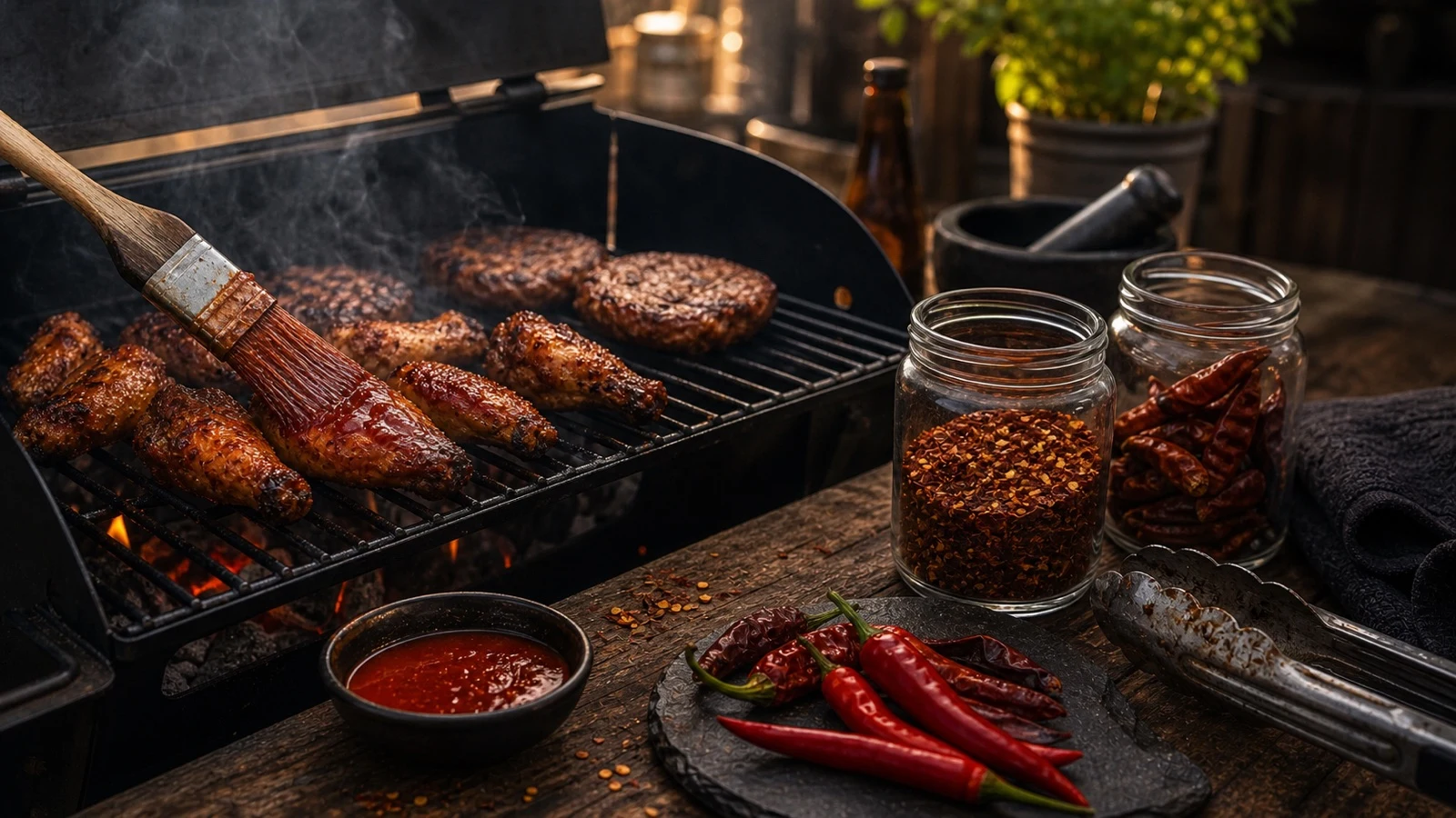Chilli omáčky na grilování Grilování s chilli omáčkou, křídly, burgery a chilli vločkami