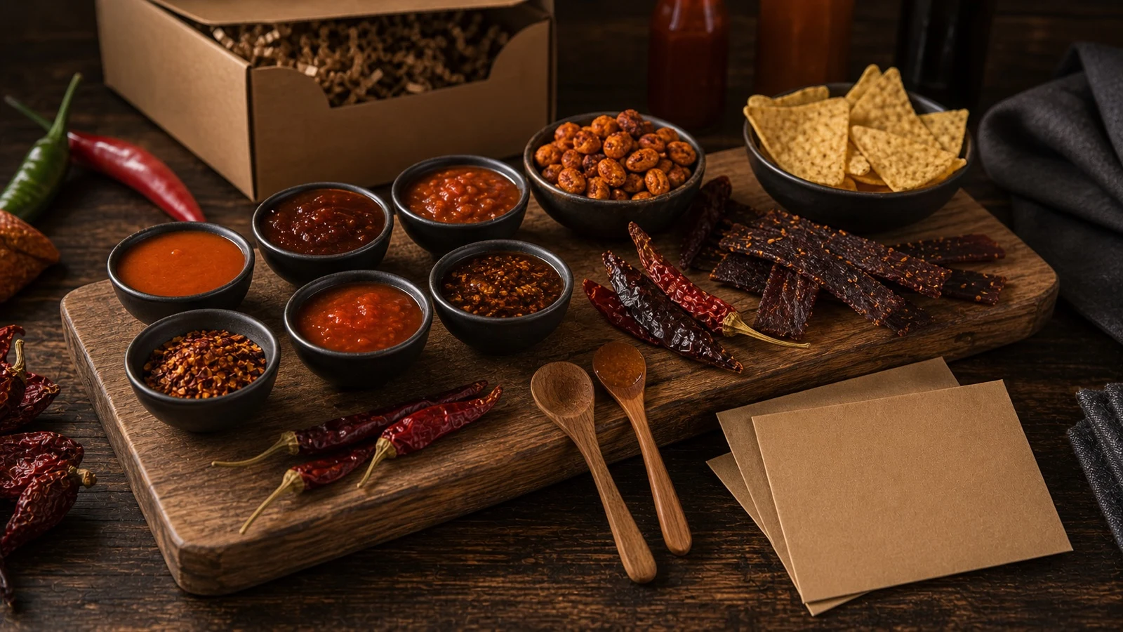 Chilli ochutnávací prkno Chilli ochutnávací prkno s omáčkami, jerky, chilli vločkami a snacky