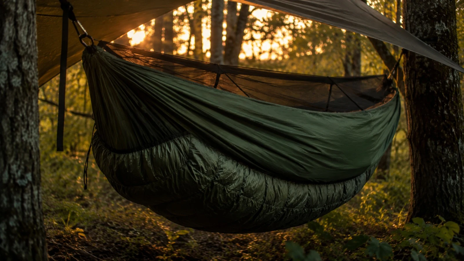 Underquilt pod hamakou Detail hamaky se zavěšeným underquiltem zespodu za večerního světla v lese - zateplení hamaky 2026 - fman.cz