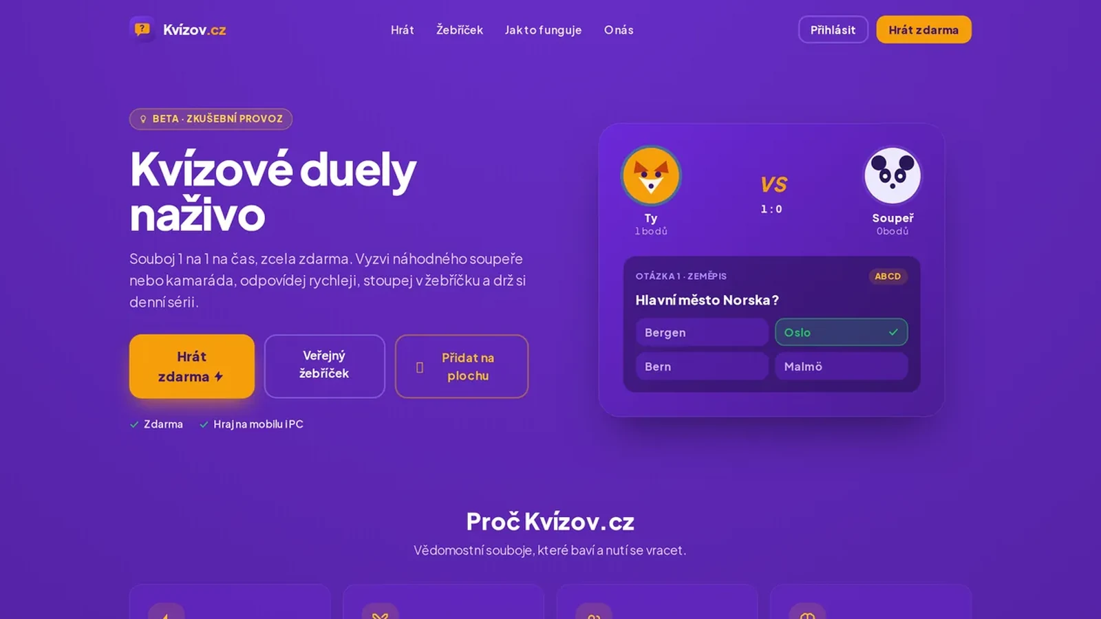 Kvízov.cz: kvízové duely online zdarma — souboje vědomostí, které vás chytnou