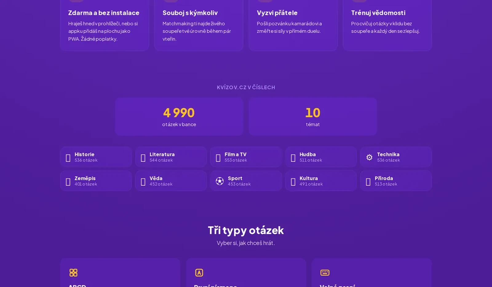 Kvízov.cz v číslech - 4990 otázek v deseti tématech, počty otázek podle kategorie - fman.cz