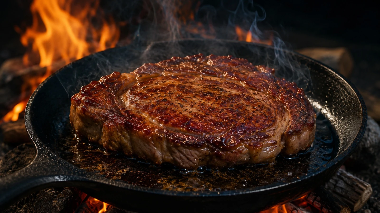 Steak na litinové pánvi Steak se smaží na litinové pánvi nad ohněm s výraznou kůrkou - litinové nádobí pro chlapy 2026 - fman.cz
