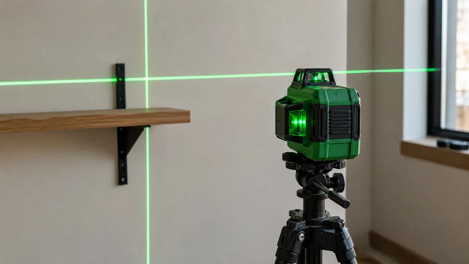 Křížový laser při montáži Křížový samonivelační laser promítá zelenou čáru na stěnu při montáži polic - fman.cz