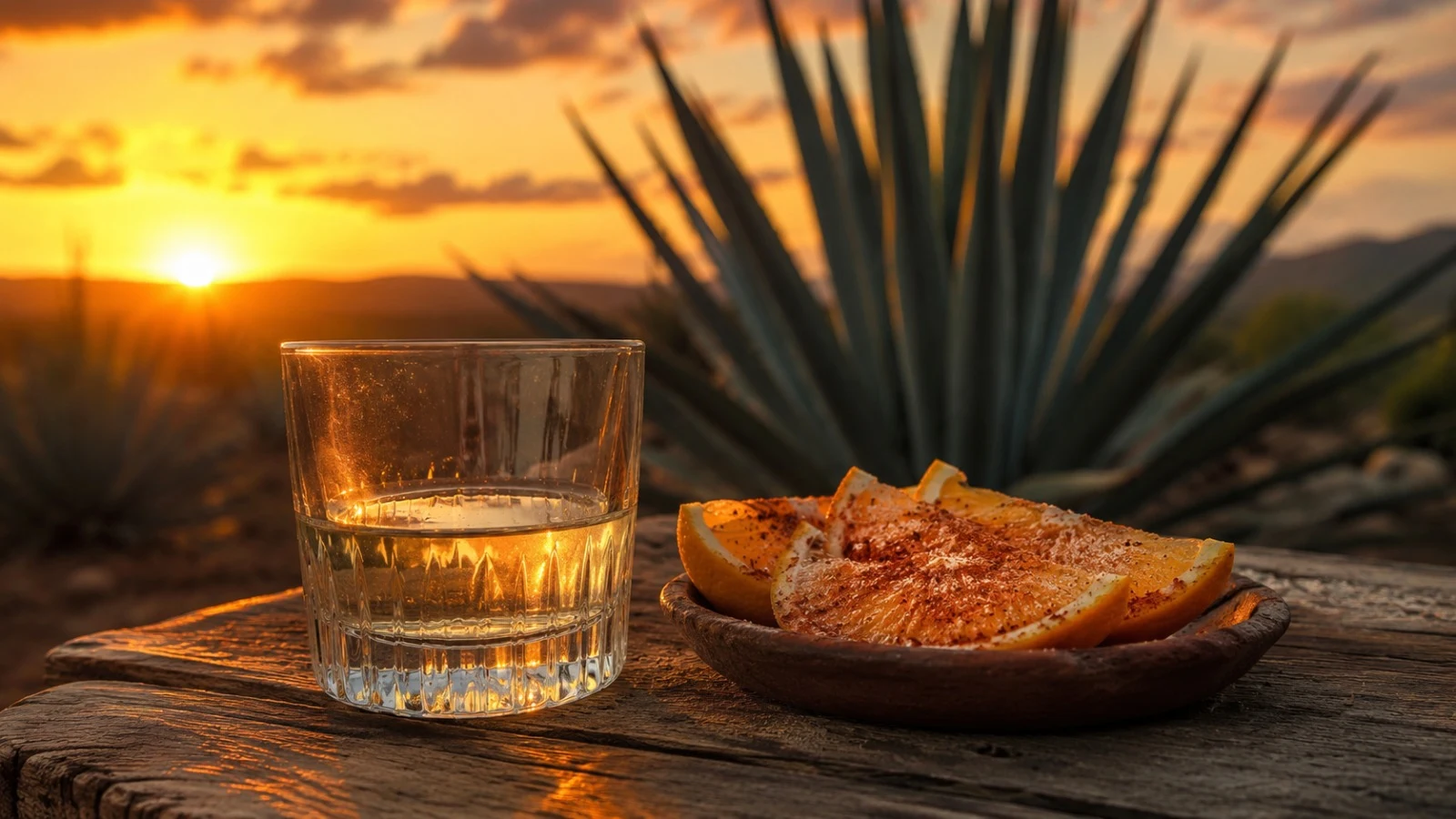 Sklenka mezcalu s plátky pomeranče a agáve v pozadí při západu slunce - mezcal průvodce 2026 - fman.cz
