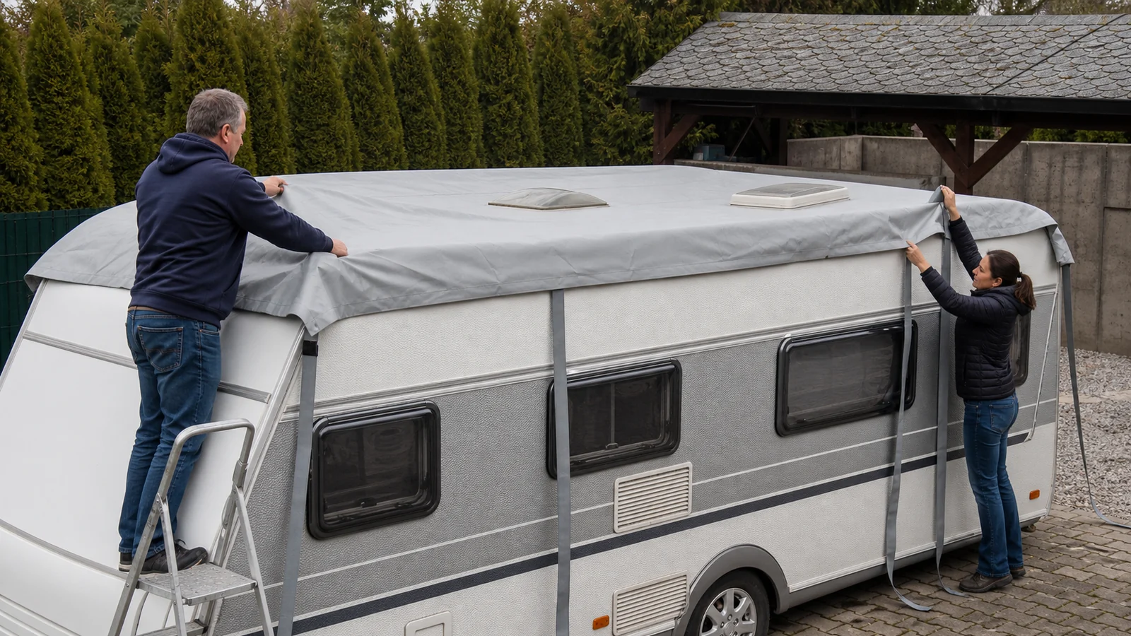 Nasazování střešní plachty na karavan s popruhy přes boky