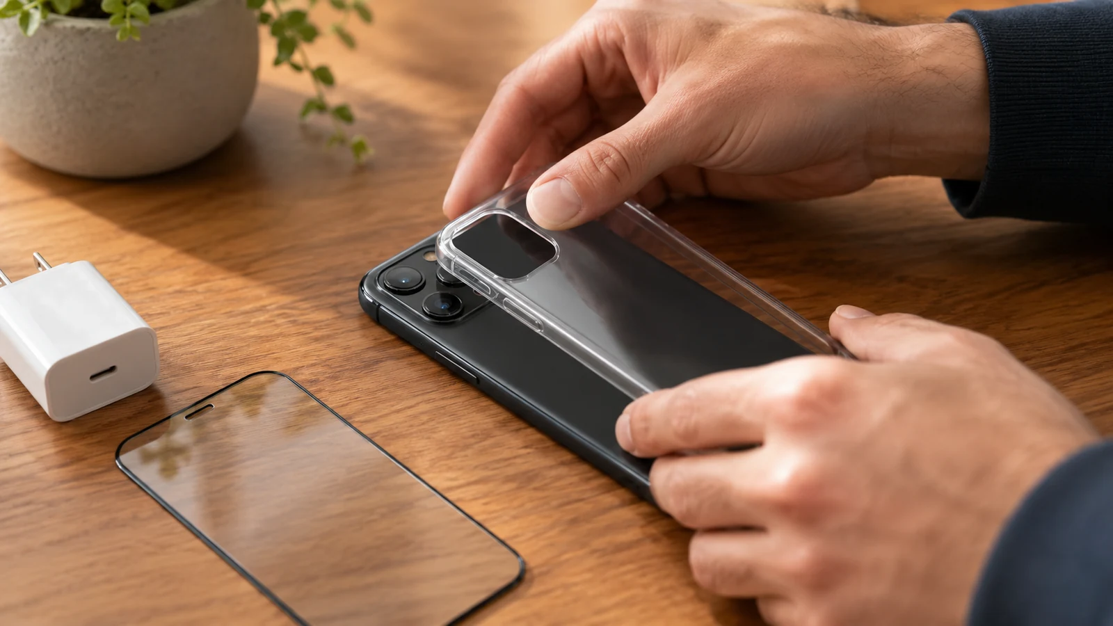 Základní výbava k telefonu Příslušenství k iPhonu 2026 - kryt, tvrzené sklo a nabíječka USB-C - fman.cz