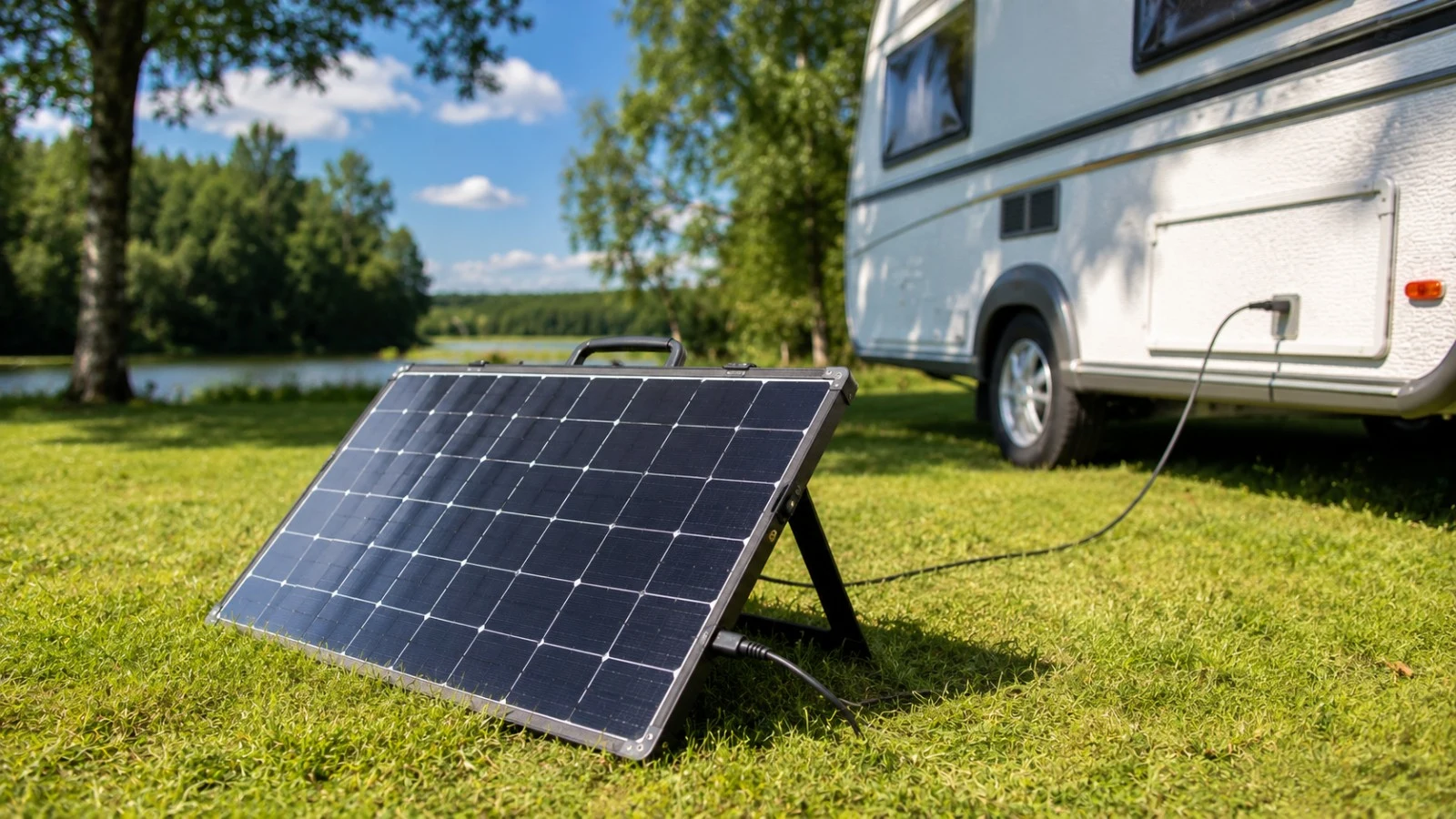 Skládací solární panel u karavanu Skládací solární panel opřený u karavanu na louce dobíjí baterii - elektřina v karavanu 2026 - fman.cz