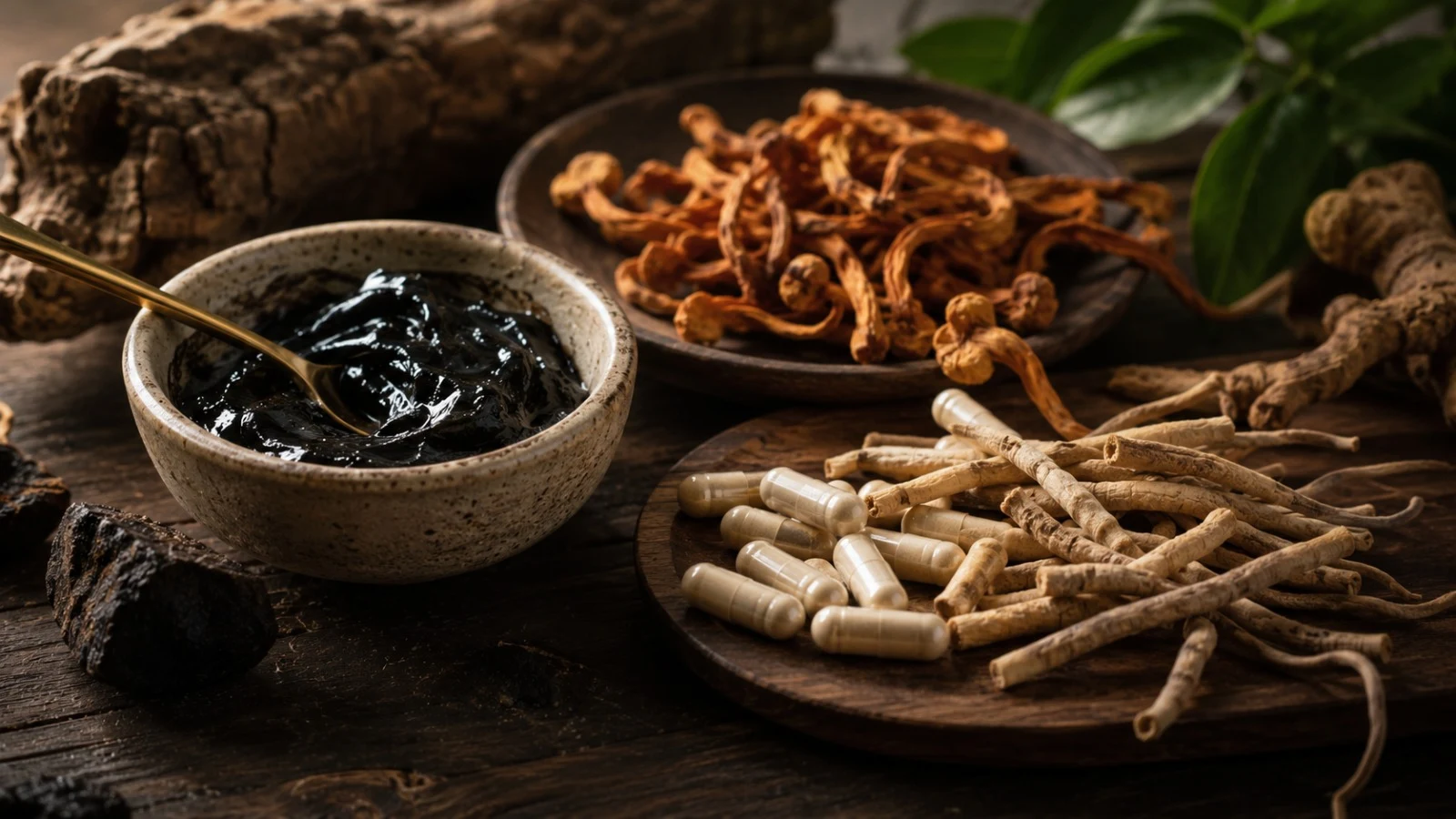 Adaptogeny: ashwagandha, cordyceps a shilajit Zátiší s adaptogeny - ashwagandha kapsle, sušené houby cordyceps a shilajit pryskyřice na dřevěném stole - suplementy pro chlapy 2026 - fman.cz
