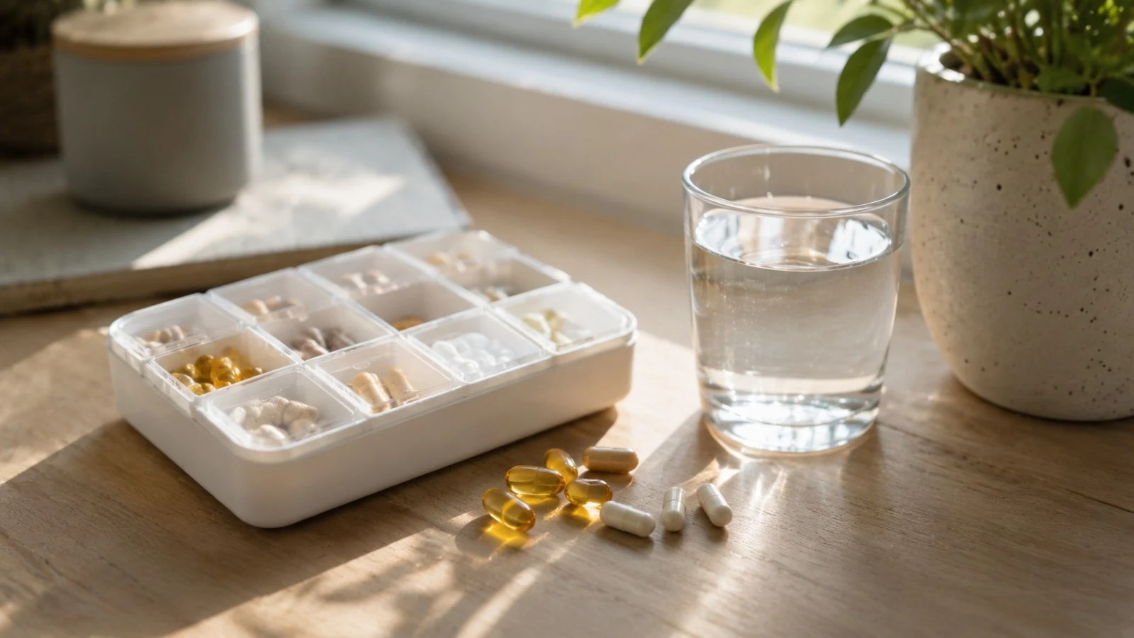 Ranní rutina se suplementy Ranní dávka suplementů - kapsle omega-3 a vitamín D na stole se sklenicí vody - suplementy pro chlapy 2026 - fman.cz
