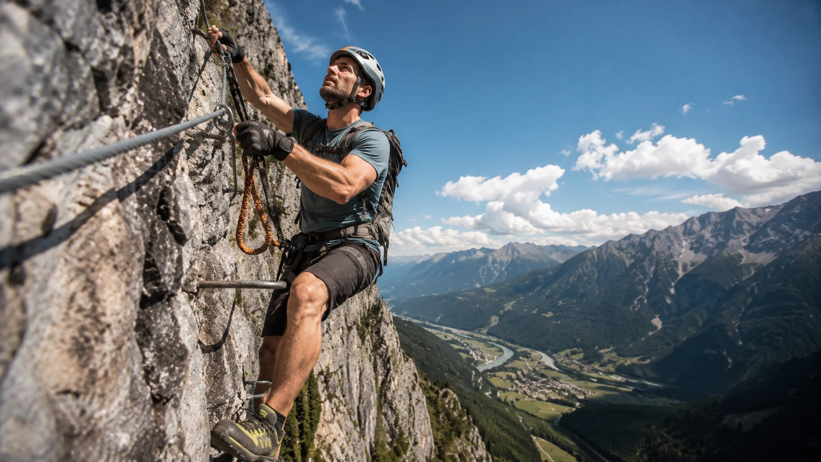 Via ferrata lezení po skále Muž leze po via ferratě jištěný lanem na skále - adrenalinové zážitky na zemi 2026 - fman.cz