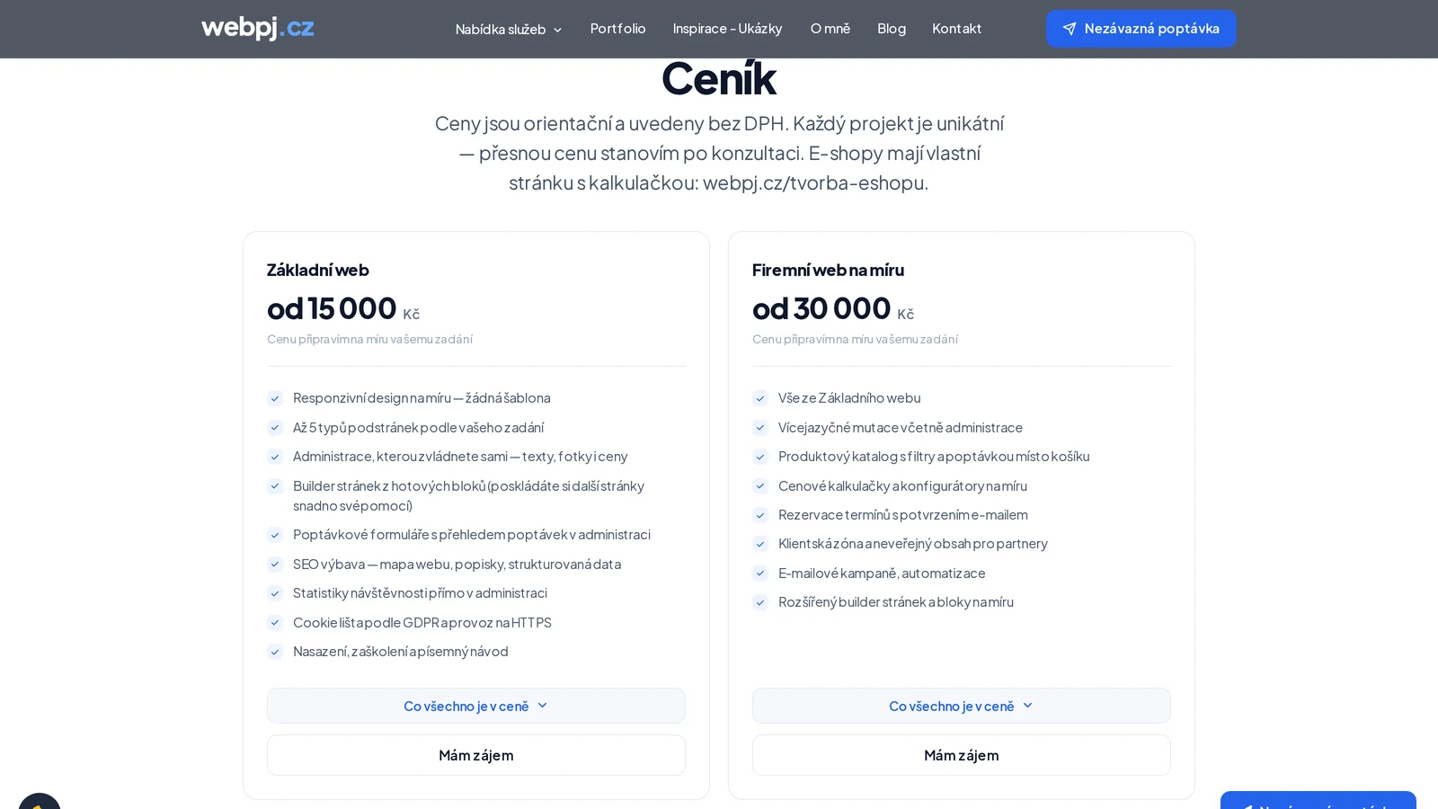 Ceník tvorby webu na míru WebPJ.cz 2026 - základní web od 15 000 Kč, firemní web od 30 000 Kč - fman.cz